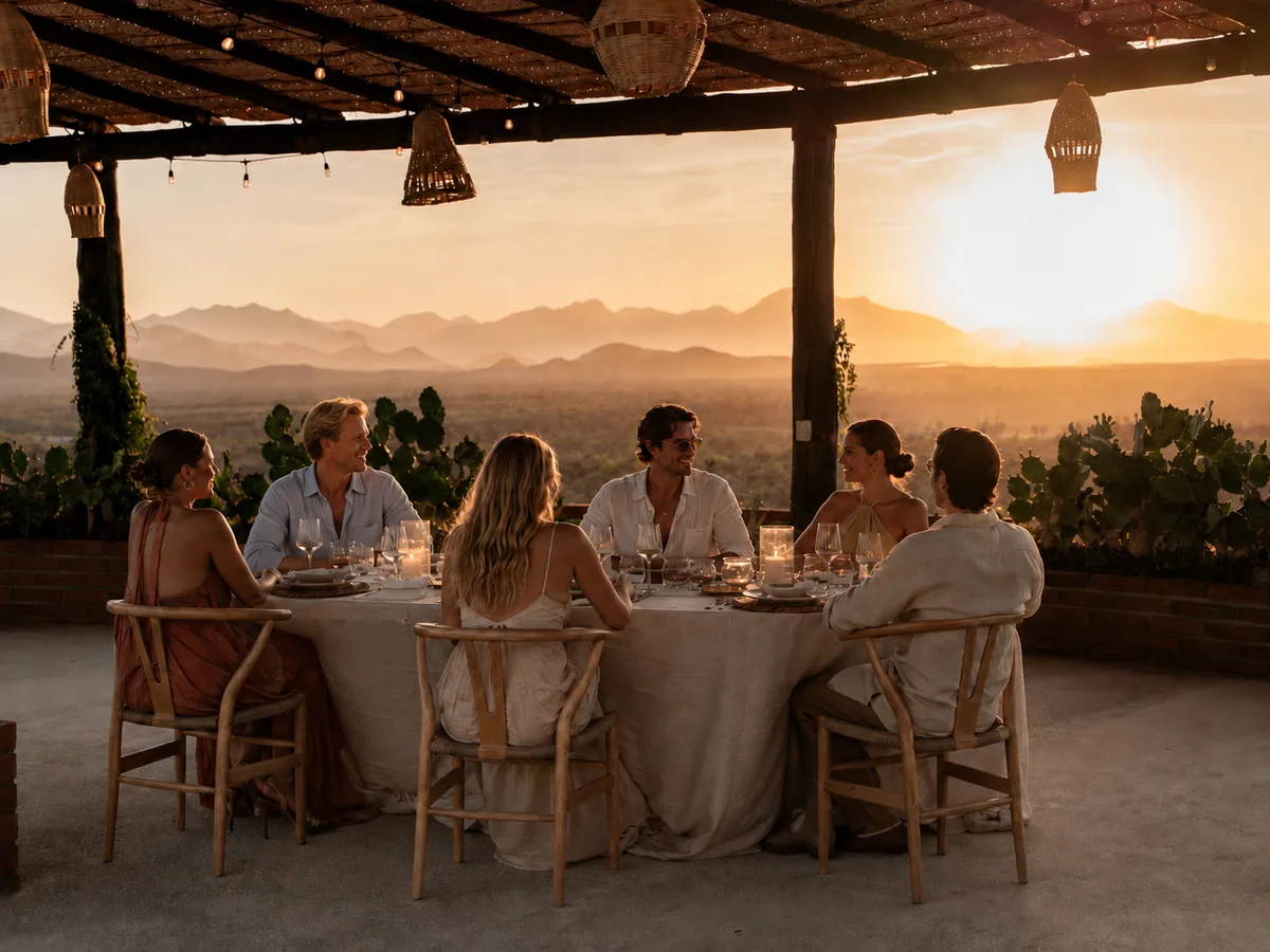 Dinner under the pergola at golden hour with the desert and mountains beyond