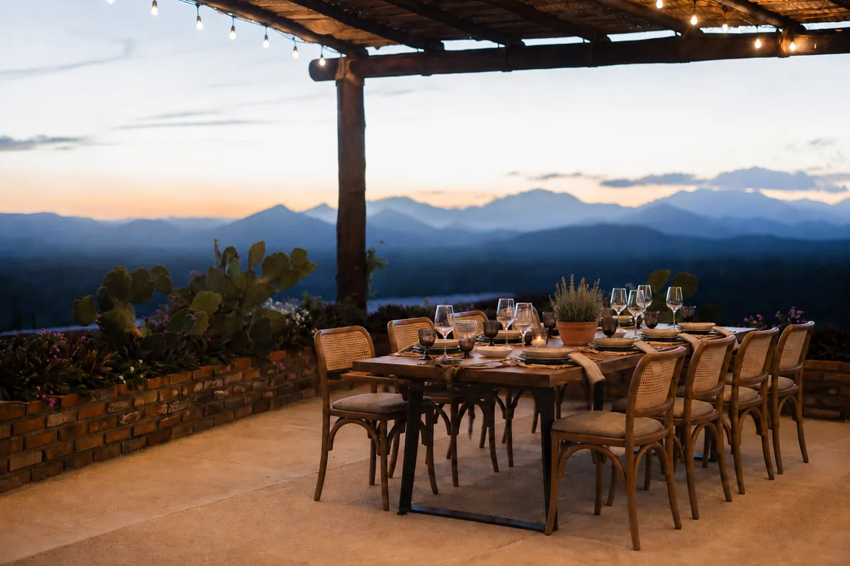 Table set for dinner on the terrace at dusk with the mountains of Los Cabos behind