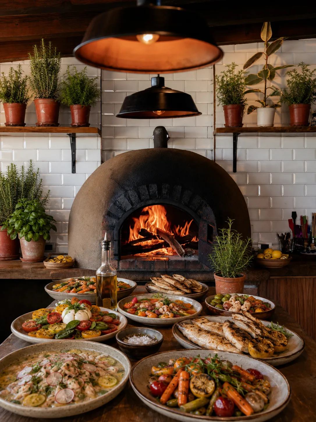 Platters of fish and vegetables set out in front of the wood-fired oven