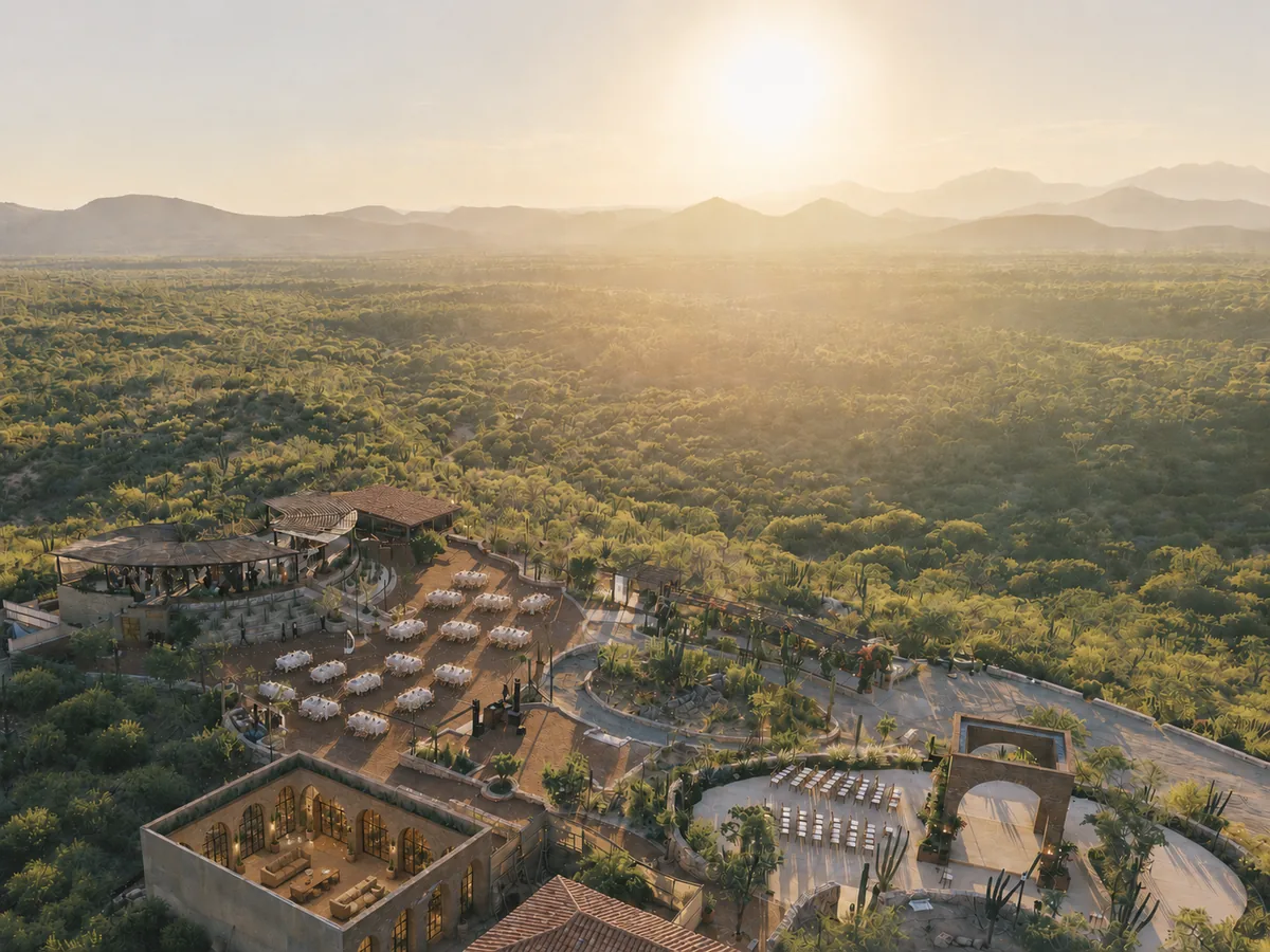 Aerial view of the Monte Cardón estate on its desert hilltop in Los Cabos at first light