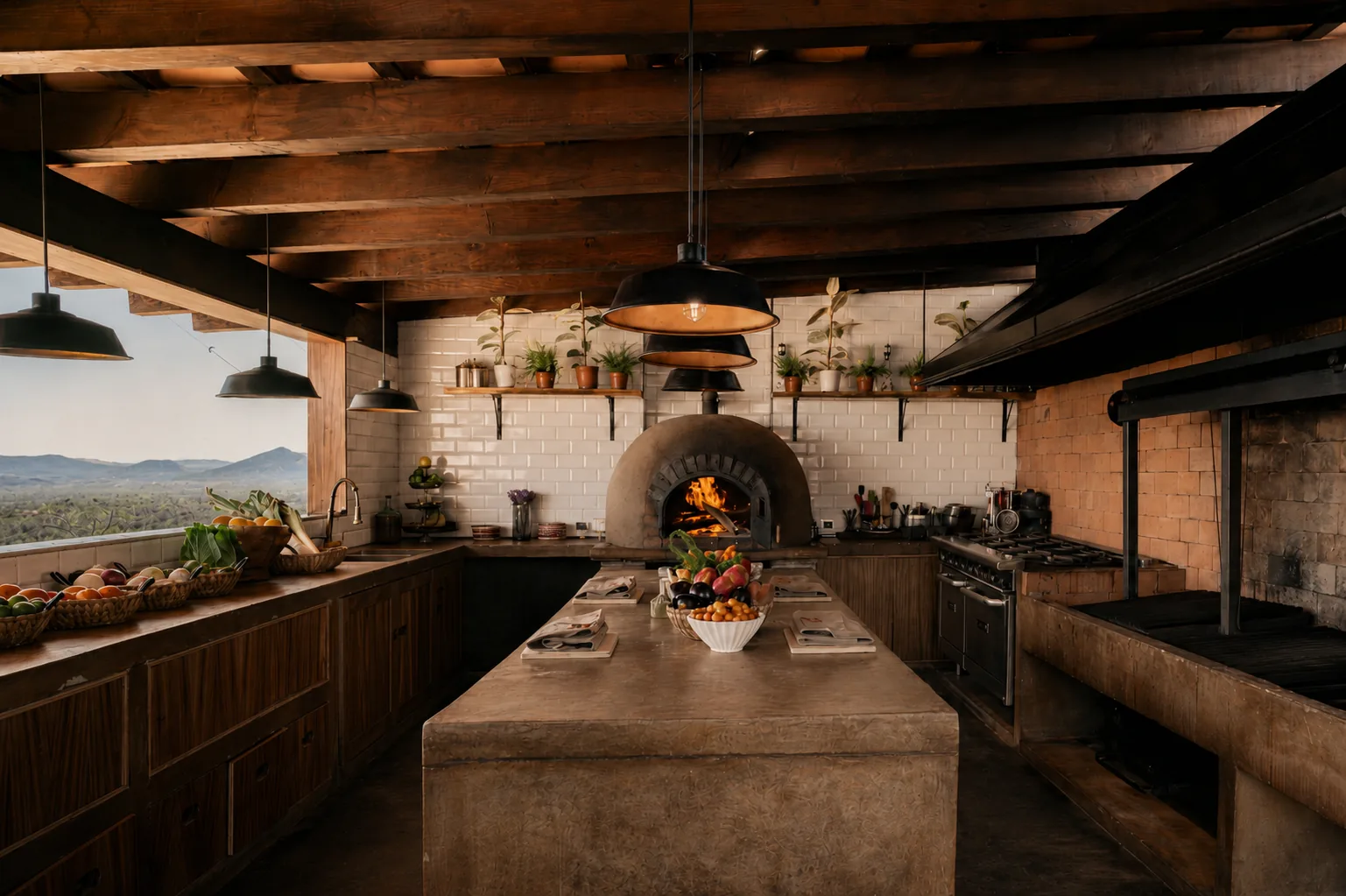 The estate kitchen with its wood-fired oven, concrete island and view onto the mountains