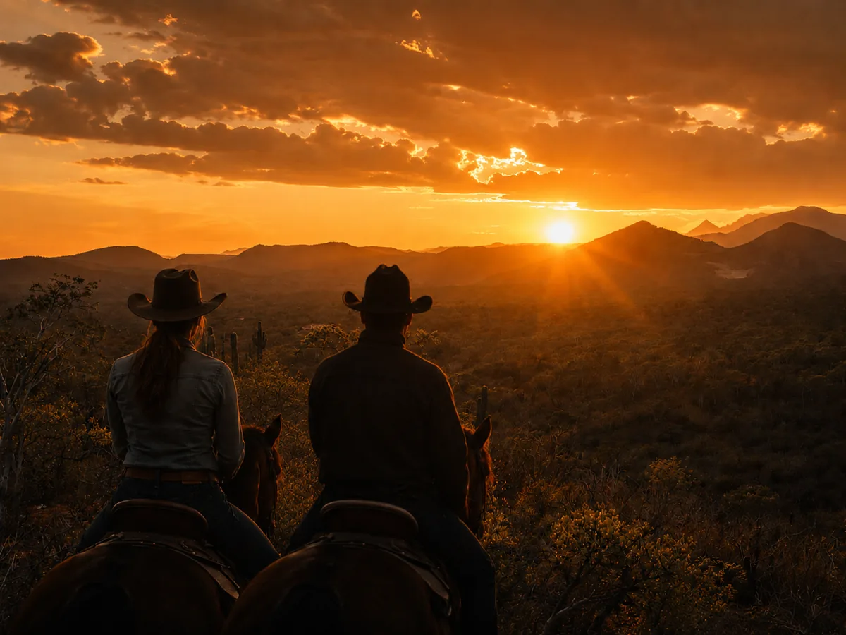 Riders crossing the Baja desert with the sun low on the horizon