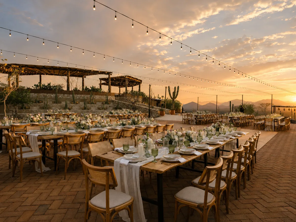 Long banquet tables set on the brick patio under bistro lights at sunset