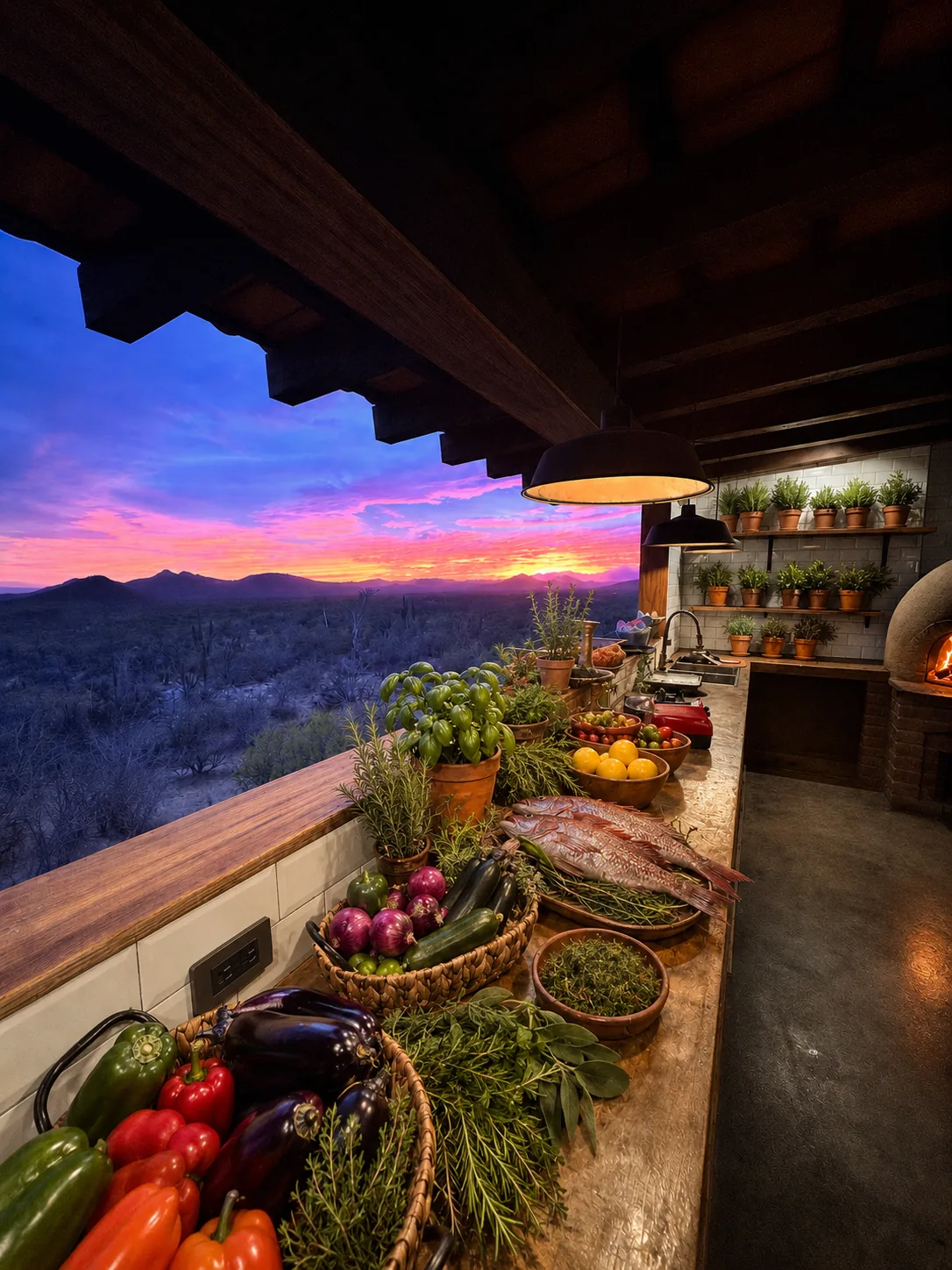 Baskets of vegetables and herbs on the kitchen counter as the sky turns violet