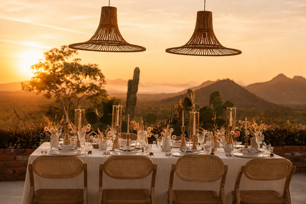 Long table set beneath woven pendant lamps with cactus and mountains at sunset