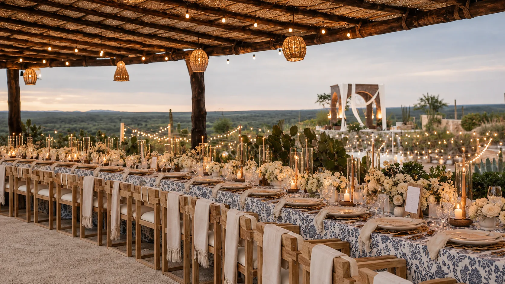 Tables dressed with florals and candles under string lights on the terrace