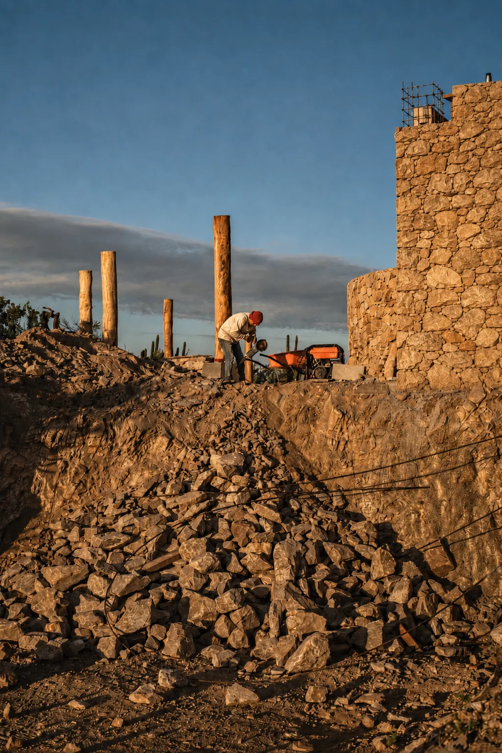Granite walls raised by hand during the construction of the estate