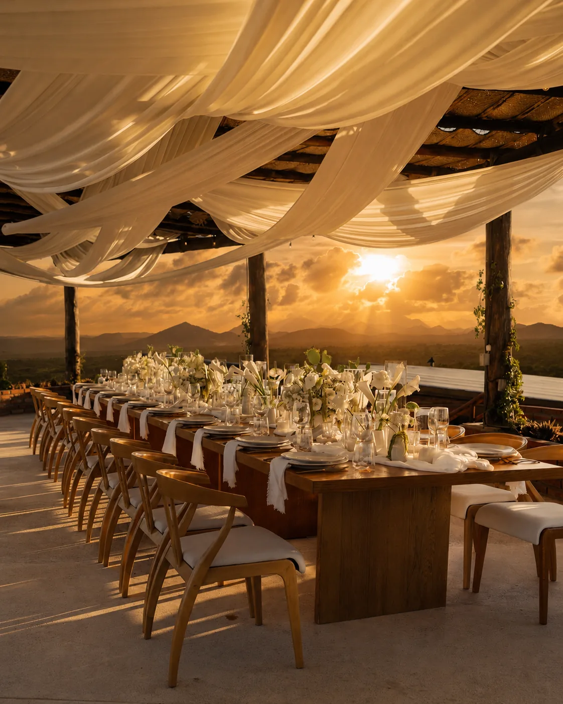 Long table beneath draped linen with the sun setting over the mountains