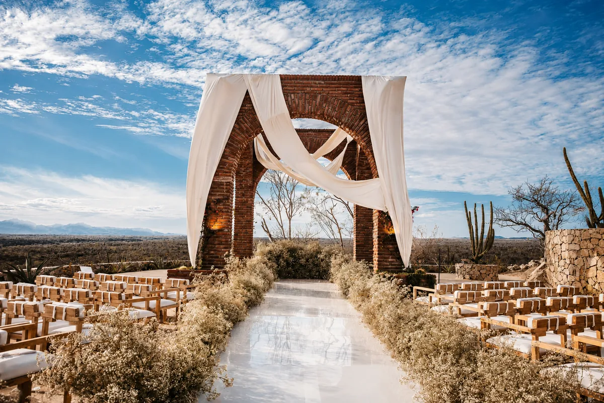 Ceremony aisle leading to the brick arch draped in white under an open sky