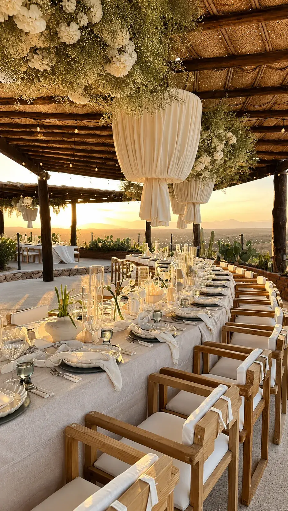 Long table under the palapa with hanging florals and the sun setting behind