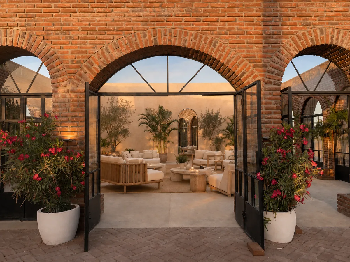 The greenhouse with wrought-iron and glass doors opening onto the brick terrace