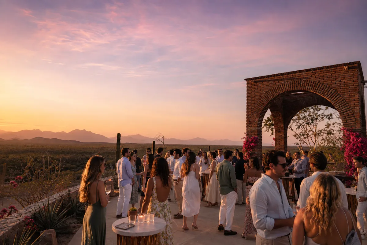 Guests at a cocktail reception beside the brick arch at sunset
