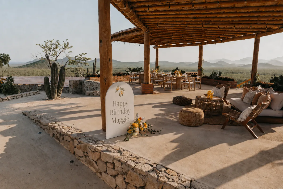 Lounge seating and a birthday sign set under the pergola of the estate