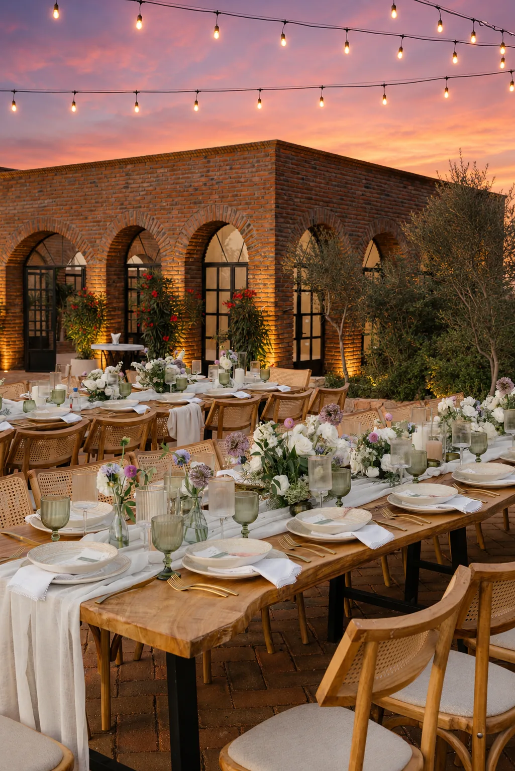Tables set for dinner beside the arched brick building under a pink evening sky
