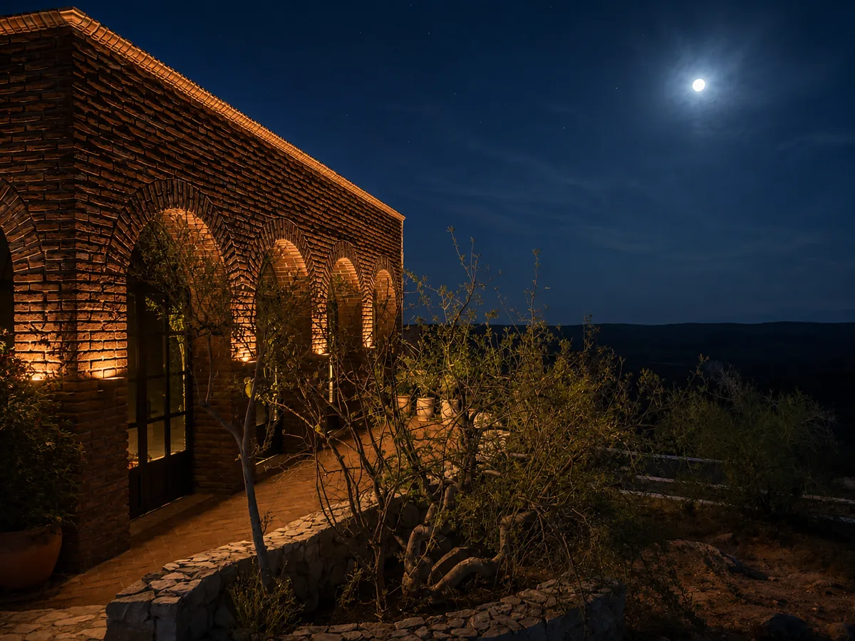 The brick arcade of the estate lit at night beneath a full moon