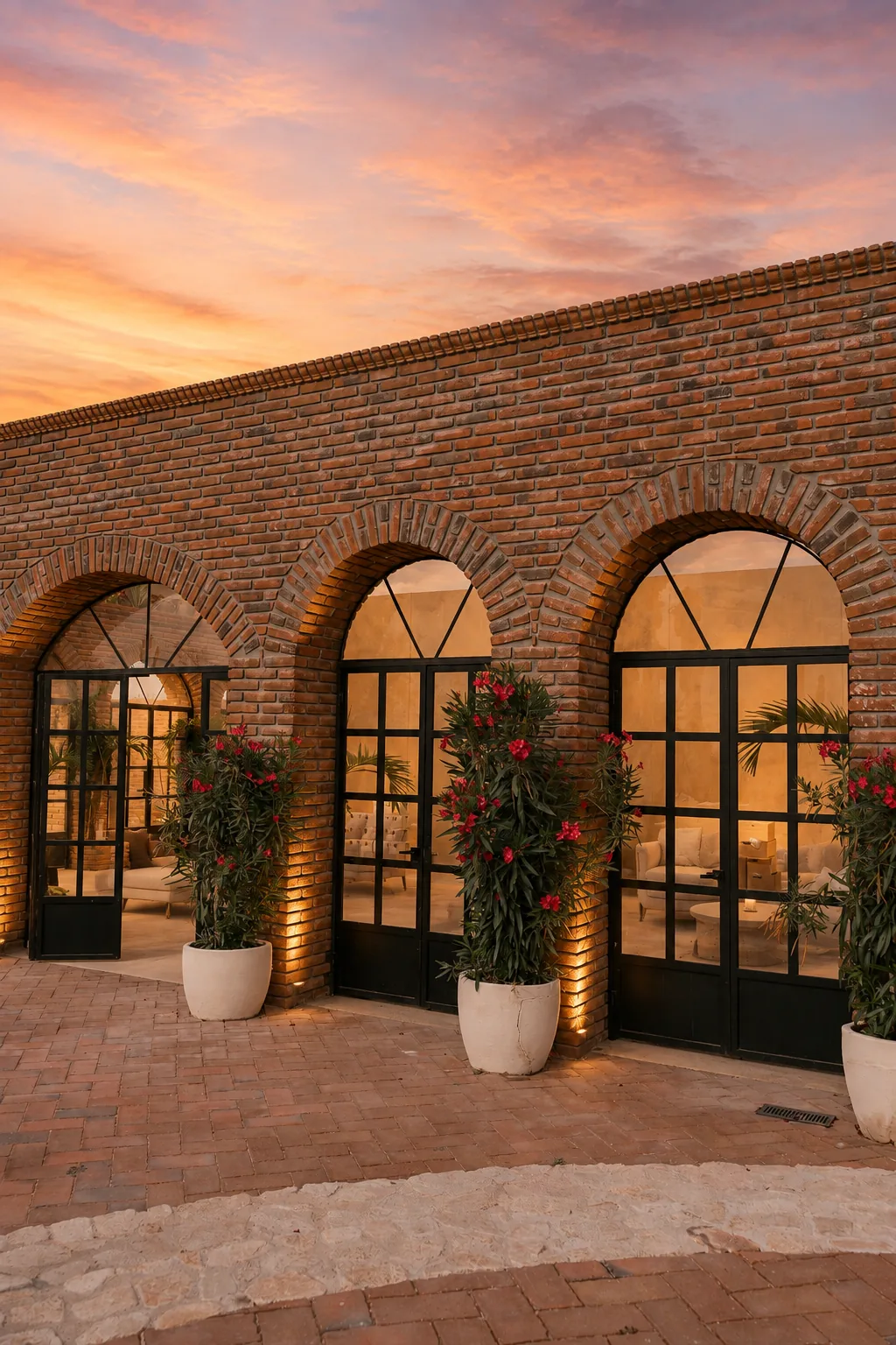 Arched windows and brick facade of the estate at sunset