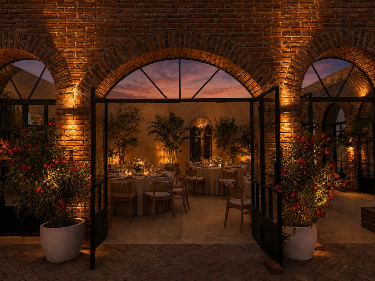 The greenhouse in terracotta brick, a private dining room for a small gathering