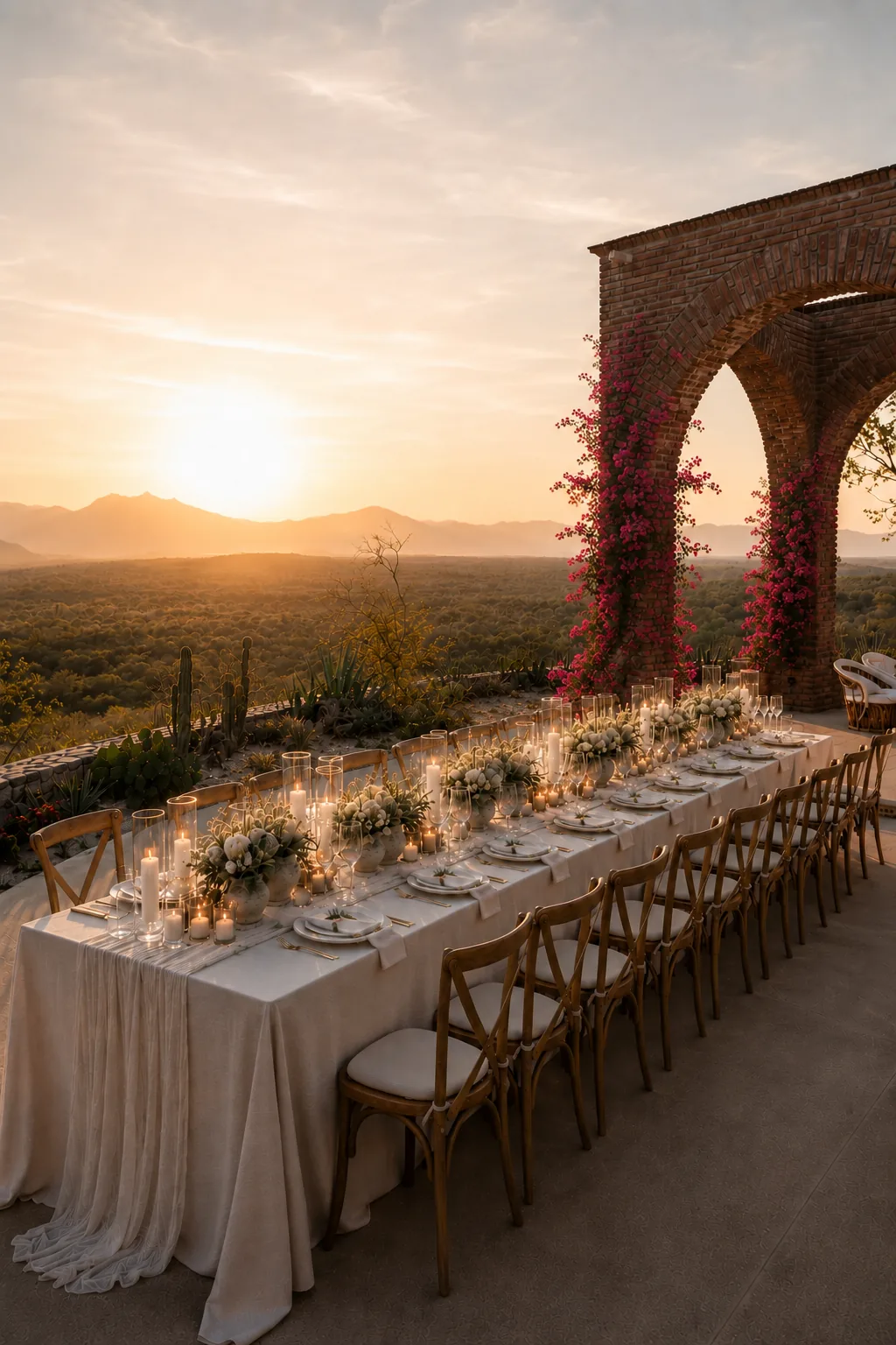 Long candlelit table beside the brick arches with bougainvillea at sunset