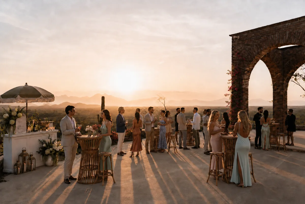 Guests at cocktail hour on the terrace as the sun sets behind the mountains