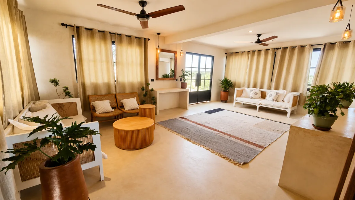 Interior lounge with sofas, woven rug and windows onto the desert