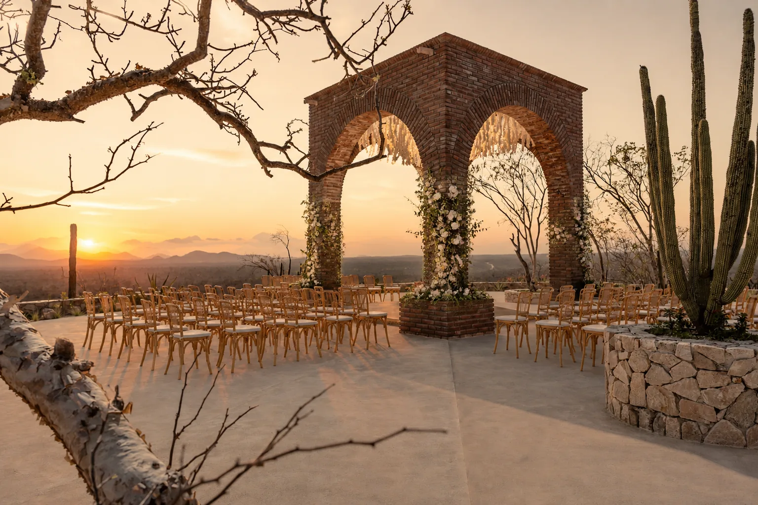 Ceremony chairs facing the brick arch at sunset, framed by cardón cactus