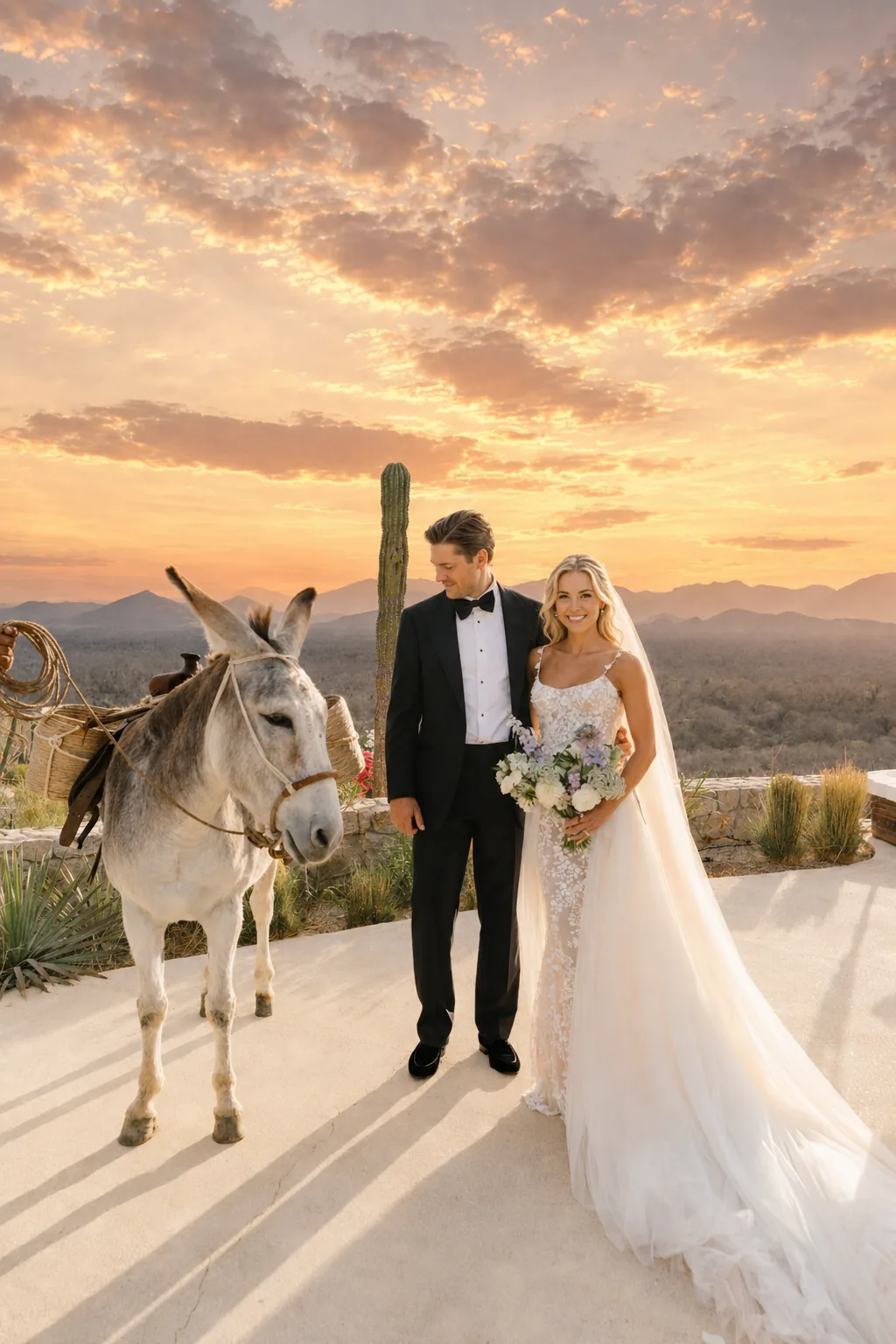 Bride and groom beside a donkey on the terrace at sunset