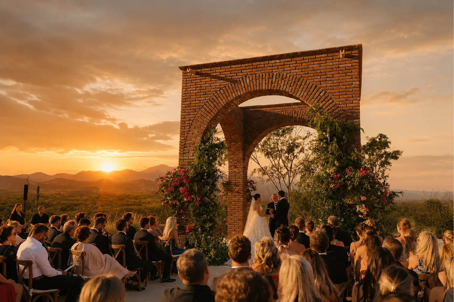 Ceremony beneath the brick arch as the sun sets over the Sierra de la Laguna