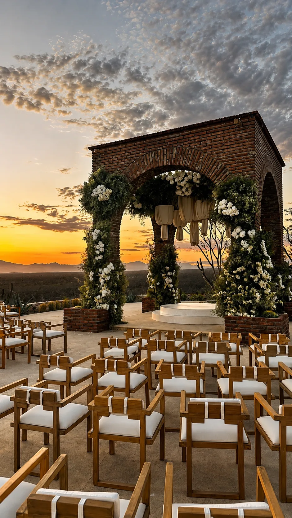 Brick pavilion dressed in white flowers with chairs set for the ceremony at sunset